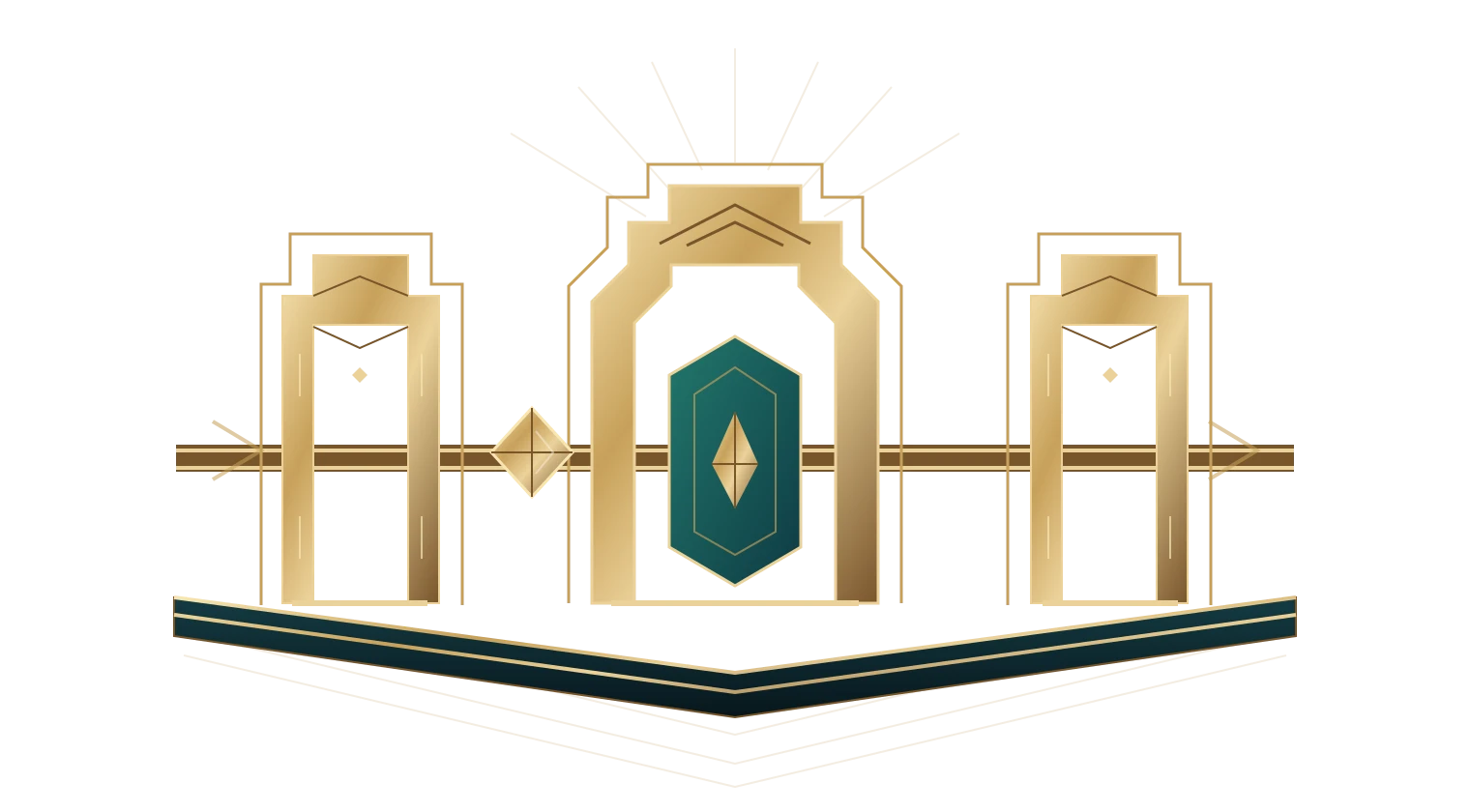 Three connected brass gates represent a hook acting before a pool action, the action itself, and a hook acting afterward.