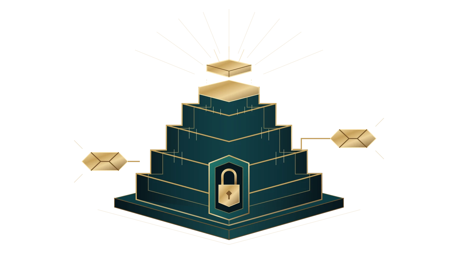 Funding feeds a stepped tower with a new layer above it and a locked entrance.
