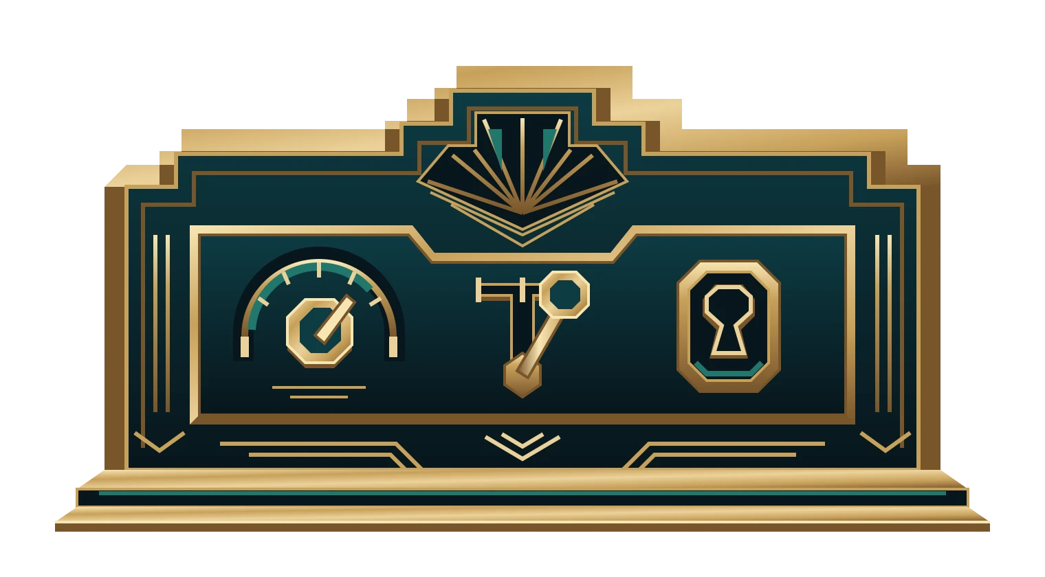 A brass control panel with a fee dial and routing lever.